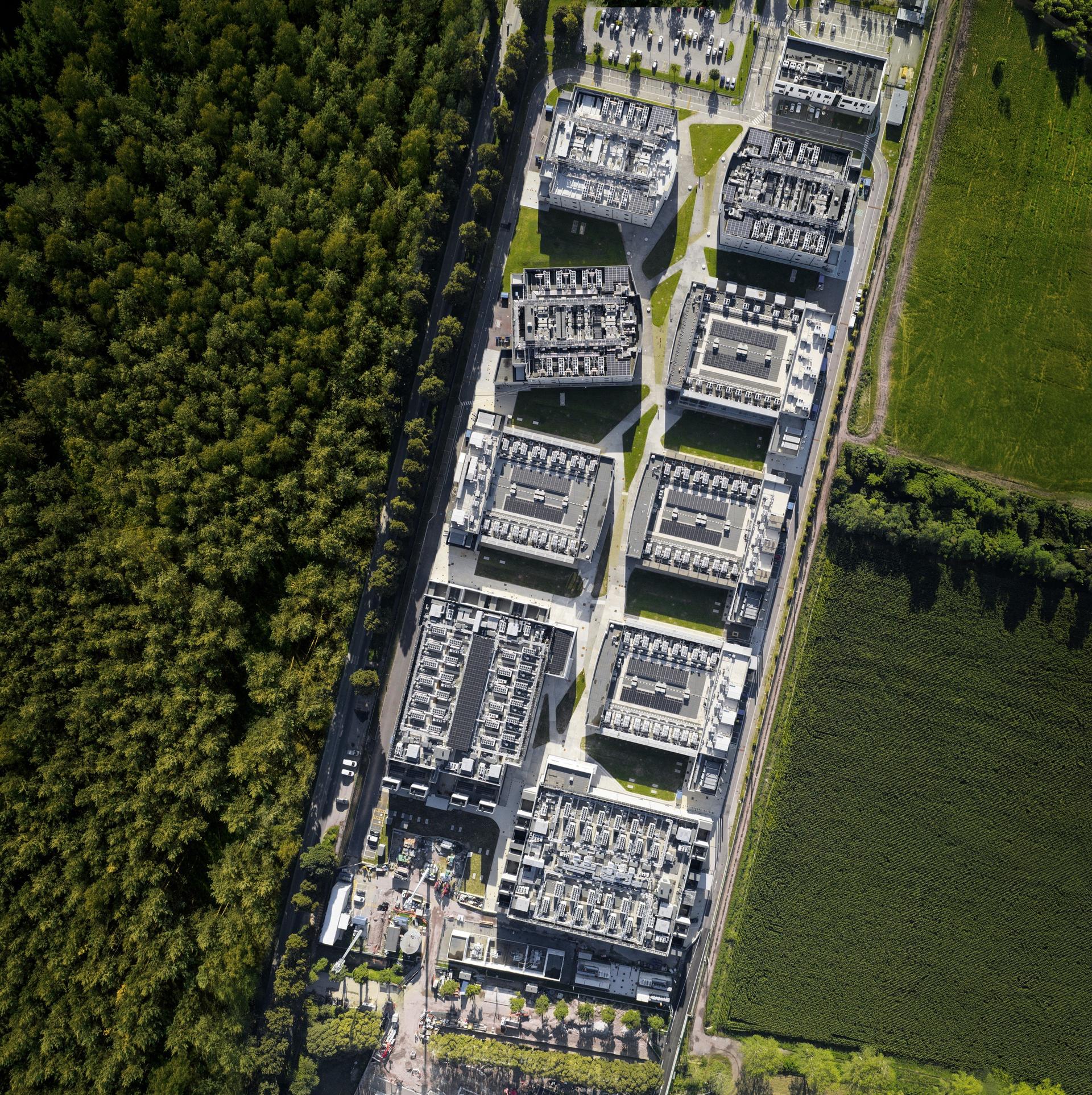 IT and data infrastructure. Aerial drone photo of the campus. Concept visual Digitally enhanced